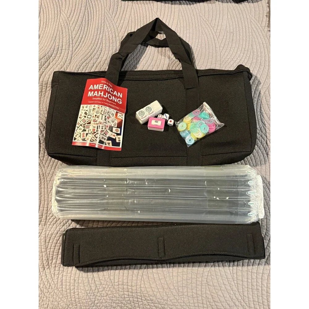 166 Black American Printed Mahjong Game Set with Carrying Bag and Accessories,1.